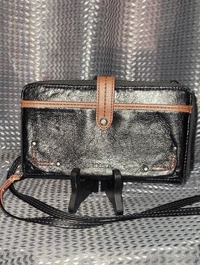 The Sak Black Wallet Crossbody with Brown Trim and Strap